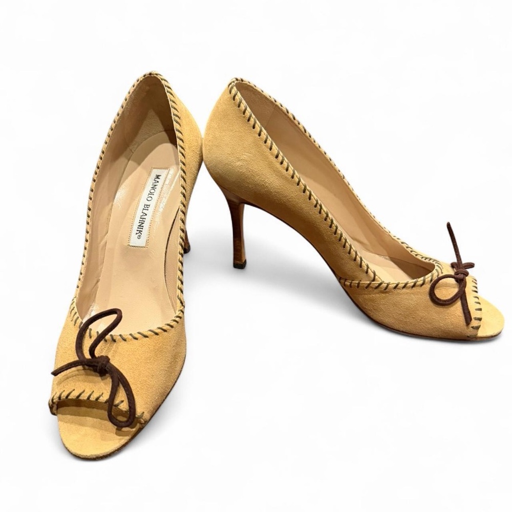 Vintage Manolo Blahnik Suede Peep Toe High Heels Camel 38.5 - Picture 5 of 12